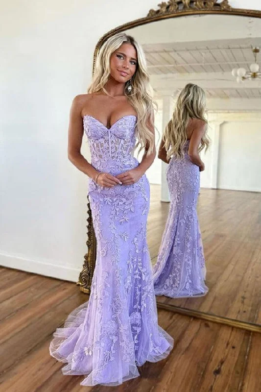 Party dresses with a geometric pattern for a contemporary look​Mermaid Sweetheart Neck Lace Purple Long Prom Dress Formal Dress PSK365