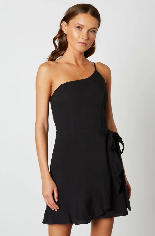 Geometric - printed wedding guest dresses for a modern weddingMorgan Black One-Shoulder Ruffle Mini Dress Geometric - printed wedding guest dresses for a modern weddingMorgan Black One-Shoulder Ruffle Mini Dress