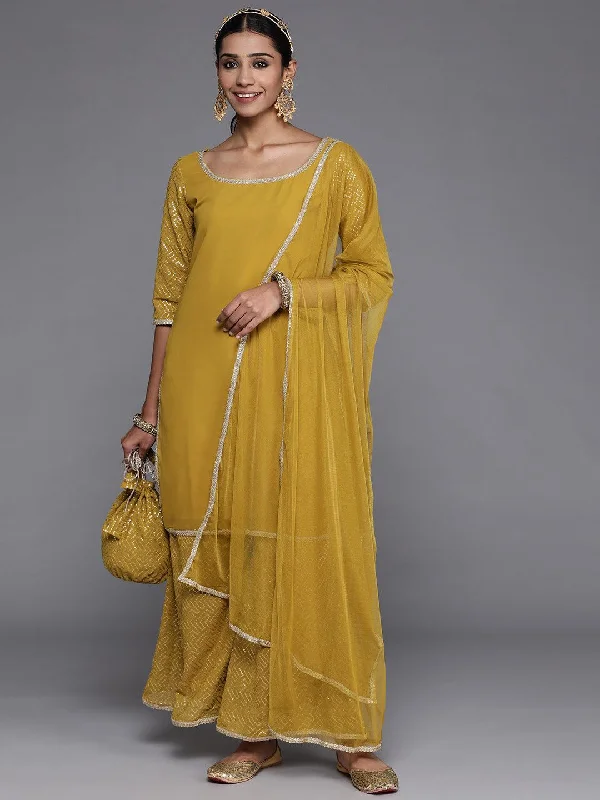 Cocktail dresses with a fringe detail and a sleeveless designMustard Solid Georgette Straight Kurta With Palazzos & Dupatta Cocktail dresses with a fringe detail and a sleeveless designMustard Solid Georgette Straight Kurta With Palazzos & Dupatta