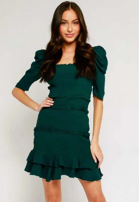 Embroidered wedding guest dresses in earthy tones for a rustic weddingNaomi Green Smocked Puff Sleeve Mini Dress