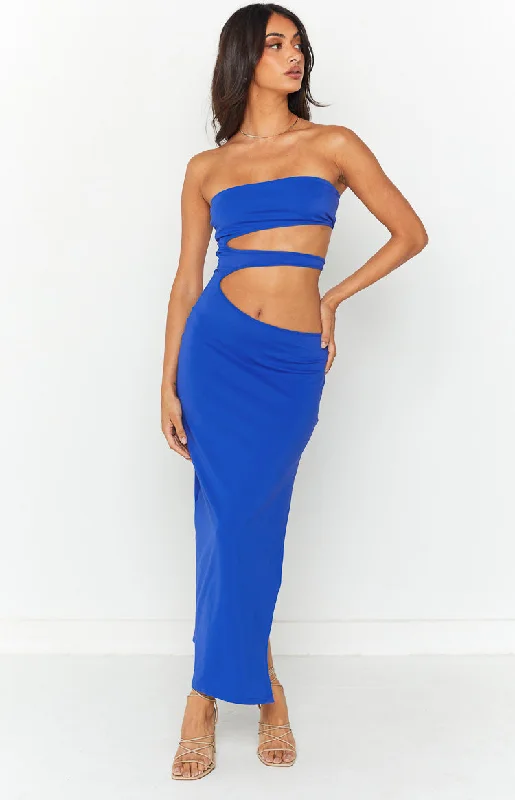 Ruffled cocktail dresses with a knee - length hem for a feminine appealNettie Electric Blue Midi Dress Ruffled cocktail dresses with a knee - length hem for a feminine appealNettie Electric Blue Midi Dress