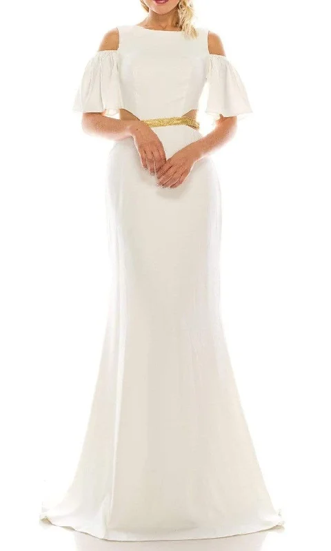 Strapless wedding guest dresses with rhinestone - studded bodicesNew Yorker's Apparel - 4516 Beaded Sheer Waist Cutout Cold Shoulder Evening Dress
