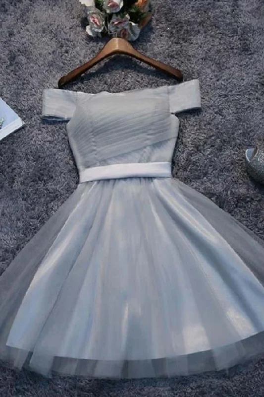Party dresses with a satin - lined interior for added comfort​Off Shoulder Grey Tulle Short Prom Dresses Homecoming Dresses PD111
