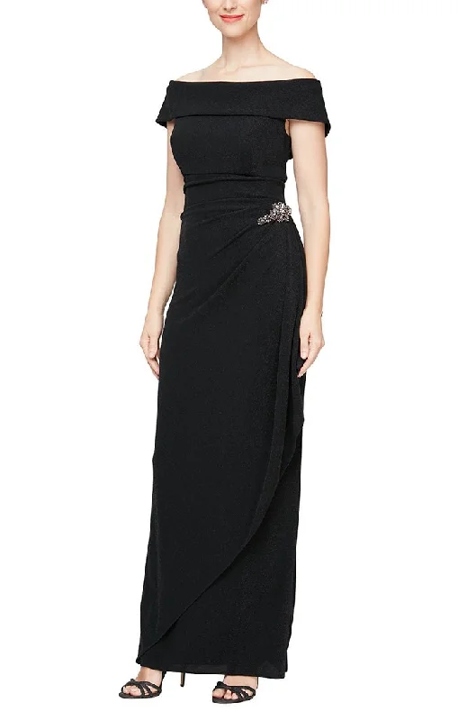 Wedding guest dresses with patchwork designs for a unique lookOff-the-Shoulder Metallic Knit Dress