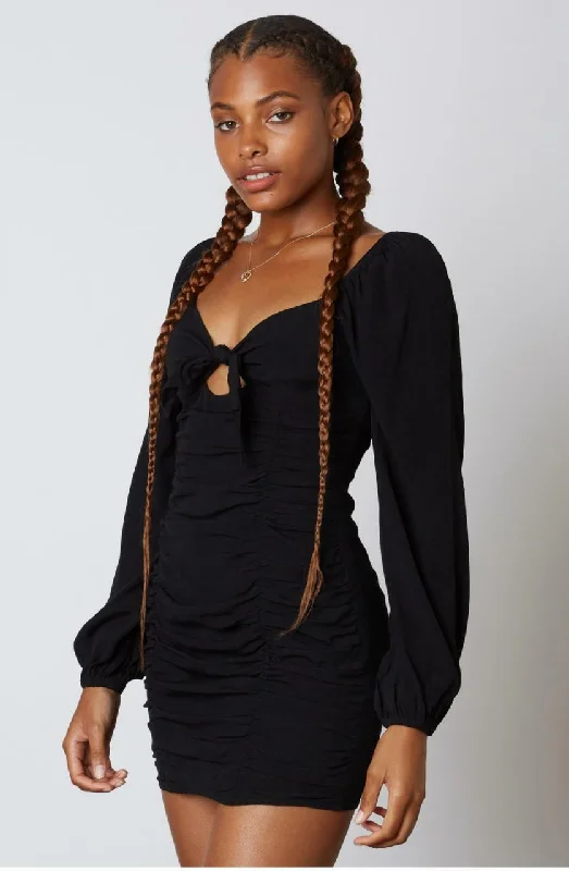 Wedding guest dresses with keyhole backs and flowing fabricsOut Together Black Long Sleeve Mini Dress