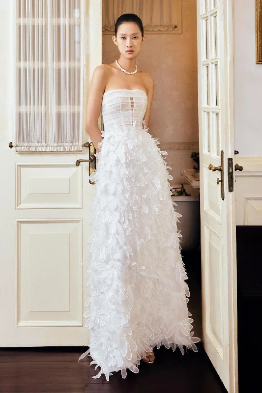 Strapless party dresses with a beaded bodice for added elegance​Patsy Strapless Flower Applique Organza Floor Length Dress
