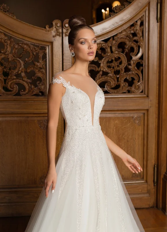 Wedding guest dresses with mesh panels and empire waistsPetite A-Line Glitter Wedding Dress