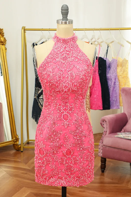 Lace - trimmed cocktail dresses in a pastel color for a soft appearancePink Open Back Halter Lace Tight Homecoming Dress Lace - trimmed cocktail dresses in a pastel color for a soft appearancePink Open Back Halter Lace Tight Homecoming Dress