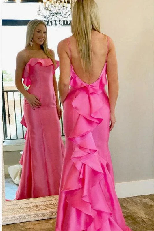 Party dresses with a geometric pattern for a contemporary look​Pink Spaghetti Straps Satin Mermaid Prom Dress With Ruffles PSK355