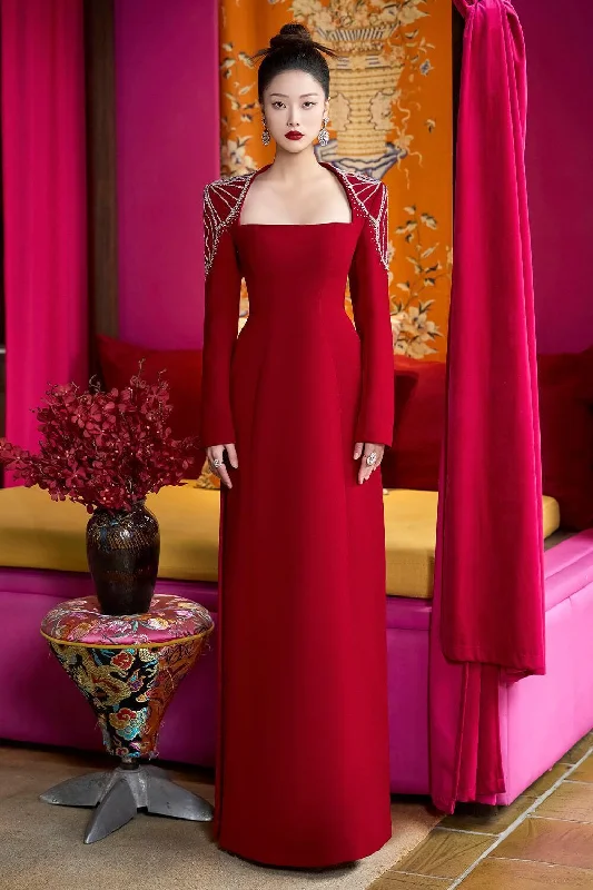 Evening party dresses with a long train for a dramatic entrance​Prides Sheath Square Shoulder Velvet Satin Maxi Dress