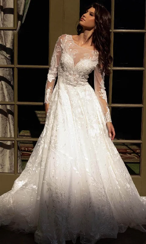 Geometric - printed wedding guest dresses for a modern weddingPrimavera Bridal 11136 - Embroidered Long Sleeve Bridal Dress