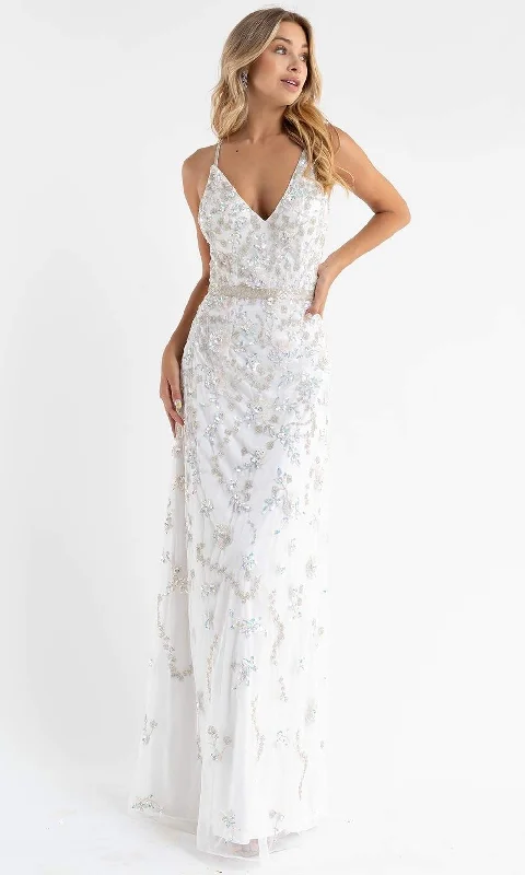 Wedding guest dresses with ruched bodices and spaghetti strapsPrimavera Couture - 3772 Floral Beaded Spaghetti Strap Long Dress