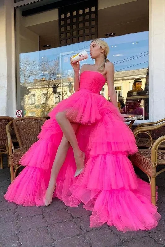 Party dresses with a polka - dot pattern for a classic and playful style​Princess A Line High Low Strapless Pink Tulle Long Prom Dress PSK343