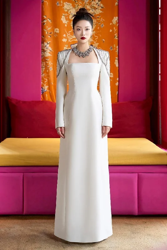 Plus - size party dresses with a flattering cut for all body types​Prosper A-line Queen Anne Neck Velvet Satin Maxi Dress