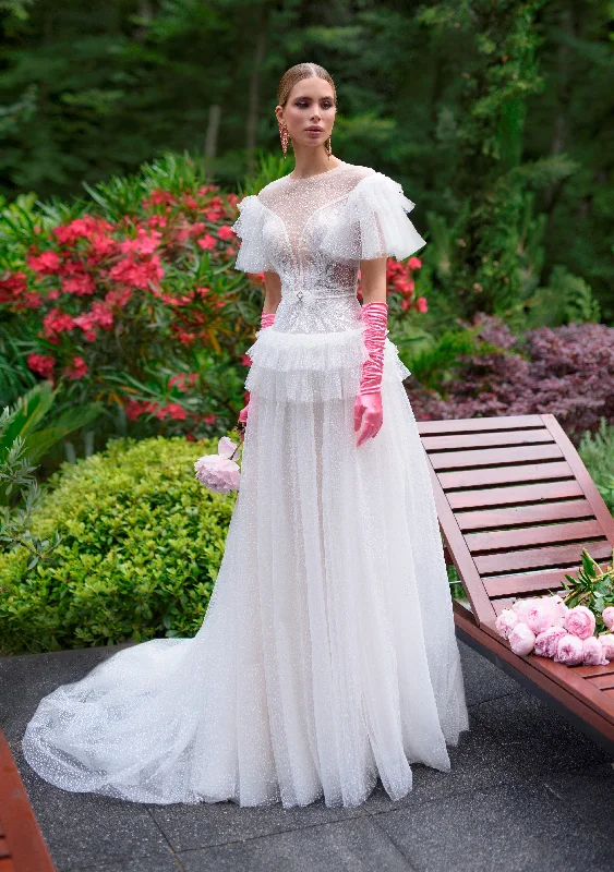 Plaid wedding guest dresses in muted colors for a fall weddingPuffy Sleeve A-line Polka Dot Wedding Gown