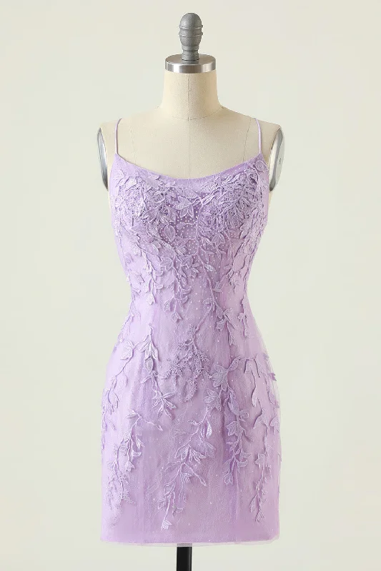 Cocktail dresses with a tiered skirt and a bow at the waistPurple Backless Bodycon Homecoming Dress With Appliques
