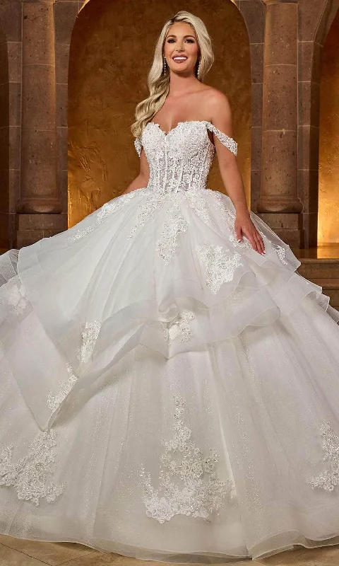 Wedding guest dresses with belted waists and knee - length skirtsRachel Allan RB6142 - Off-Shoulder Embroidered Bridal Gown
