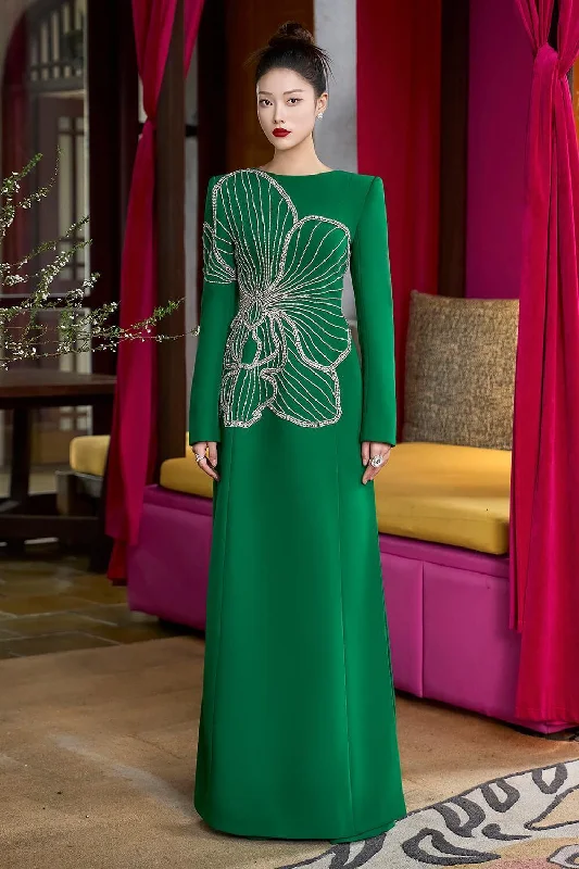 Party dresses with a ruched fabric for a textured and flattering effect​Radiai A-line Long Sleeved Velvet Satin Maxi Dress