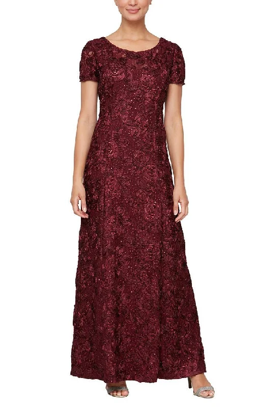 Midi wedding guest dresses in navy blue for a formal affairRosette A-Line Gown with Sequin Detail & Short Illusion Sleeves
