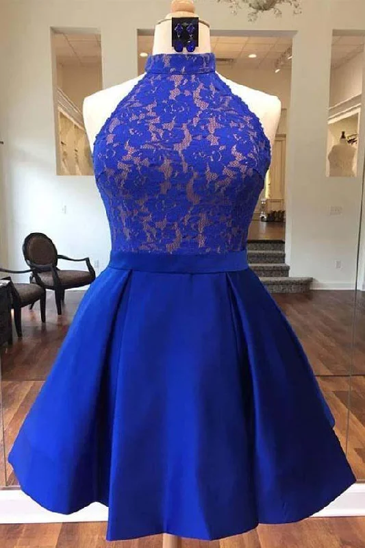 Party dresses with a metallic - thread embroidery for a luxurious touch​Royal Blue Halter Satin Short Prom Dresses Homecoming Dresses  PD161
