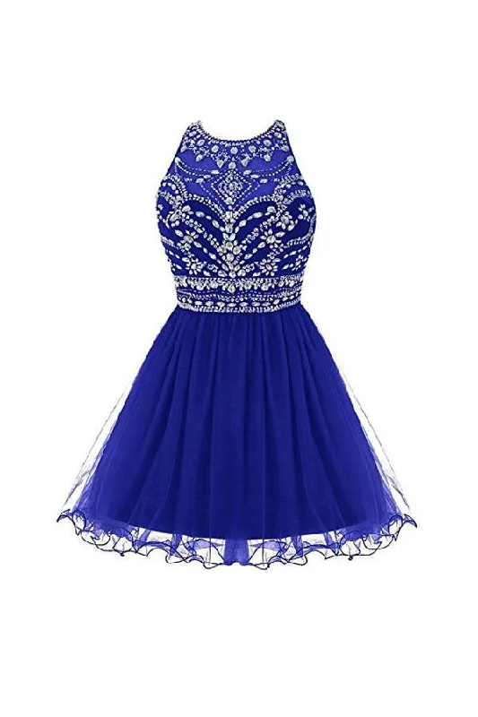 Party dresses with a criss - cross back design for a stylish detail​Royal Bule Tulle Homecoming Dresses 2016 Short Prom Gowns  PG045