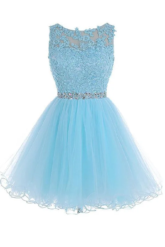 Party dresses with a mermaid silhouette for a figure - hugging fit​Scoop Short Blue Zipper-up Tulle Homecoming Dress PG013