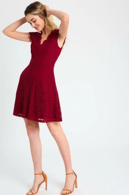 Wedding guest dresses with gathered skirts and V - necklinesSelma Burgundy Lace Skater Dress