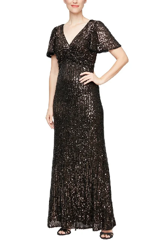 Wedding guest dresses with puff sleeves and knee - length hemsLong Sequin Dress with Twist Detail & Flutter Sleeves