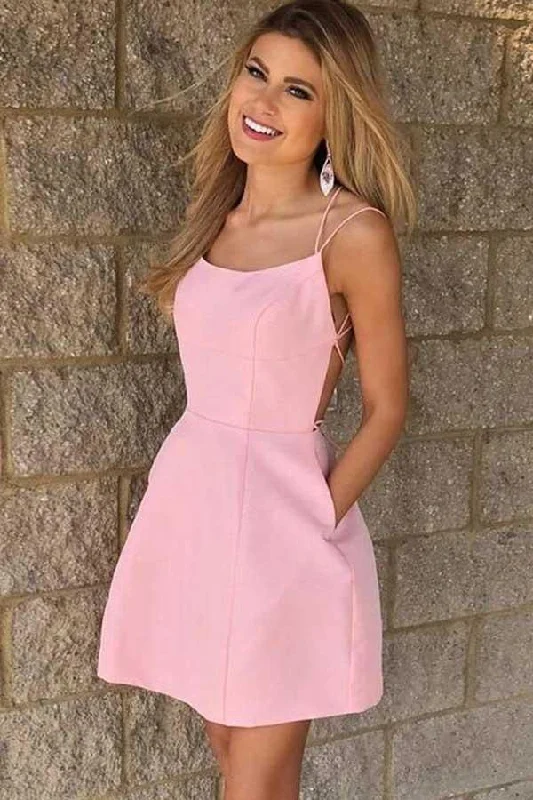 Party dresses with a V - neck design to enhance the neckline​Sexy Spaghetti Straps Short Pink Homecoming Dress with Pockets PD102