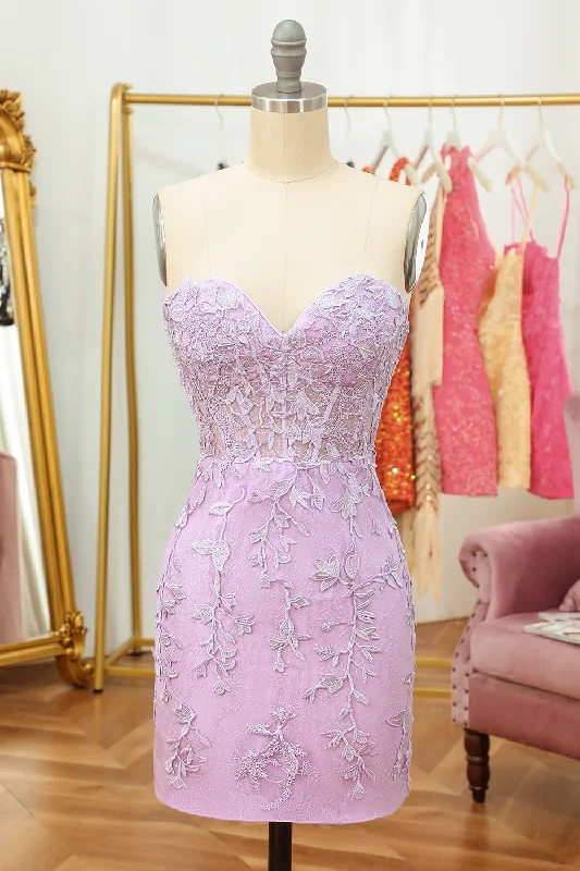Long - cocktail dresses with a slit and a fitted bodiceTight Sweetheart Purple Short Homecoming Dress with Appliques