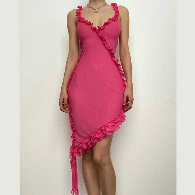 Cocktail dresses with a velvet - trimmed collar and a short skirtBerryBetty - Sheer mesh see through ruffle solid cross back irregular mini dress