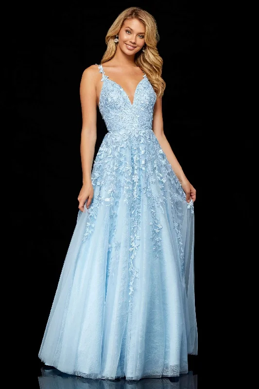 Wedding guest dresses with high - low hems and floral appliquesSherri Hill - 52342 Beaded Lace Deep V-neck Long A-line Dress