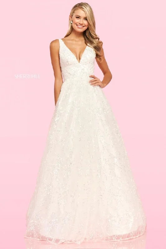 Satin wedding guest dresses with side slits for a sexy touchSherri Hill - 54177 V-Neck Glittered Simple Prom A-line Dress