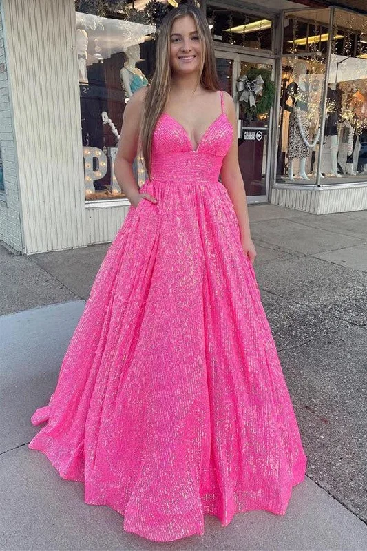 A - line party dresses with a floral print for spring events​Shimmering Sequin Lace Straps Neckline A-line Prom Dress With Pockets PSK351
