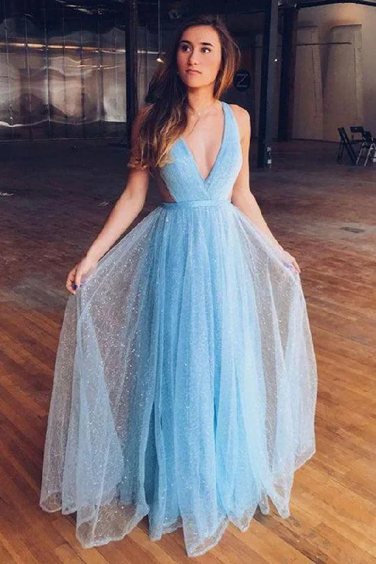 Party dresses with a lace overlay for a feminine touch​Shiny Light Blue V Neck Long Tulle Prom Dress For Teens PSK358