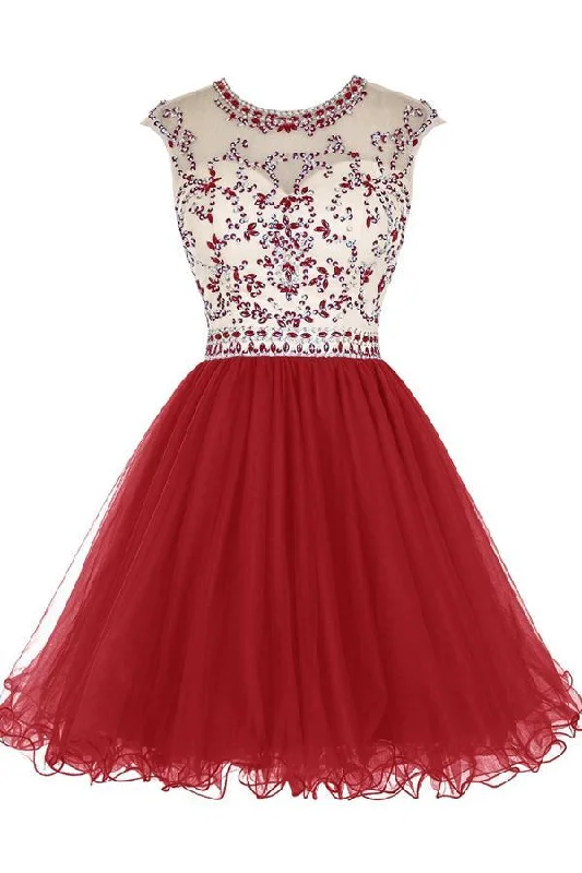Sleeveless party dresses made of silk for a luxurious feel​Short Beading Tulle Homecoming Dresses Prom Dresses PG017