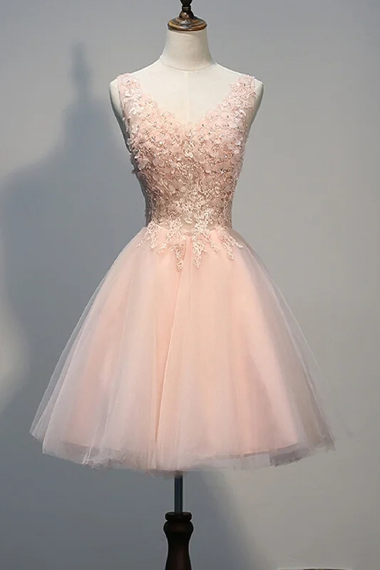 Tea - length party dresses for a sophisticated and versatile option​Short Open Back Pearl Pink Homecoming Dresses With Appliques PG030