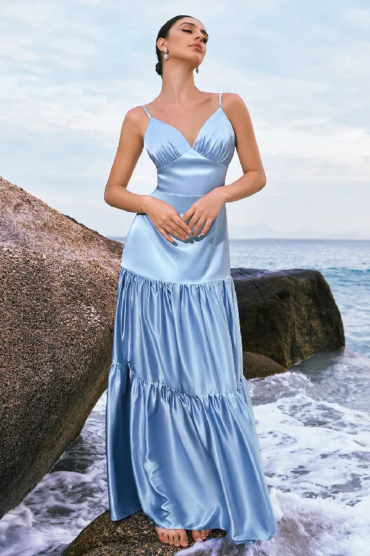 Tea - length wedding guest dresses with polka dot patternsSky Blue A-Line Spaghetti Straps Backless Satin Long Bridesmaid Dress Tea - length wedding guest dresses with polka dot patternsSky Blue A-Line Spaghetti Straps Backless Satin Long Bridesmaid Dress