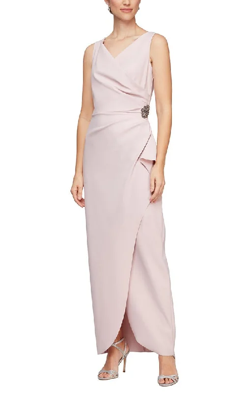 Wedding guest dresses with belted waists and knee - length skirtsSleeveless Compression Sheath Gown with Surplice Neckline & Beaded Detail at Hip