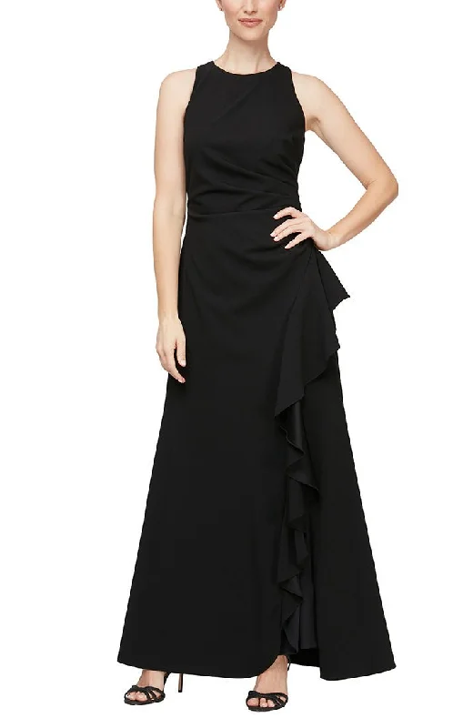Wedding guest dresses with cut - out details and midi lengthsSleeveless Stretch Crepe Dress with Cascade Ruffle Skirt Detail & Cutaway Neckline