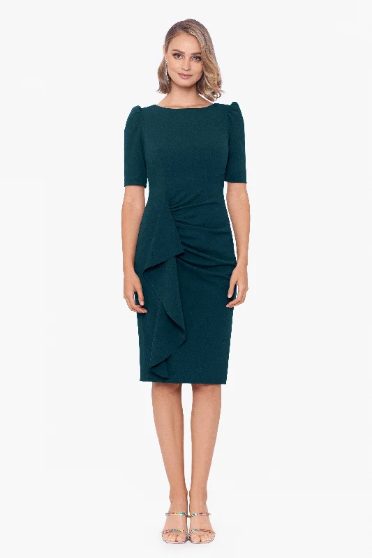 Cocktail dresses with a wrap - around style and a belted waist"Sloane" Short Scuba Crepe Side Ruffle Dress