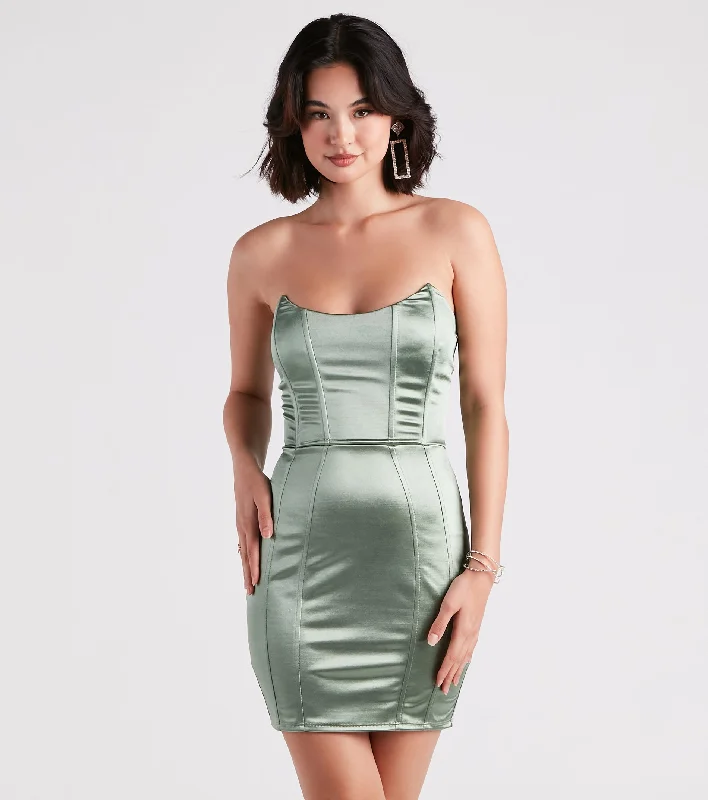 Bodycon dress with a ruched design for added texture​Smooth Talks Satin Bustier Dress