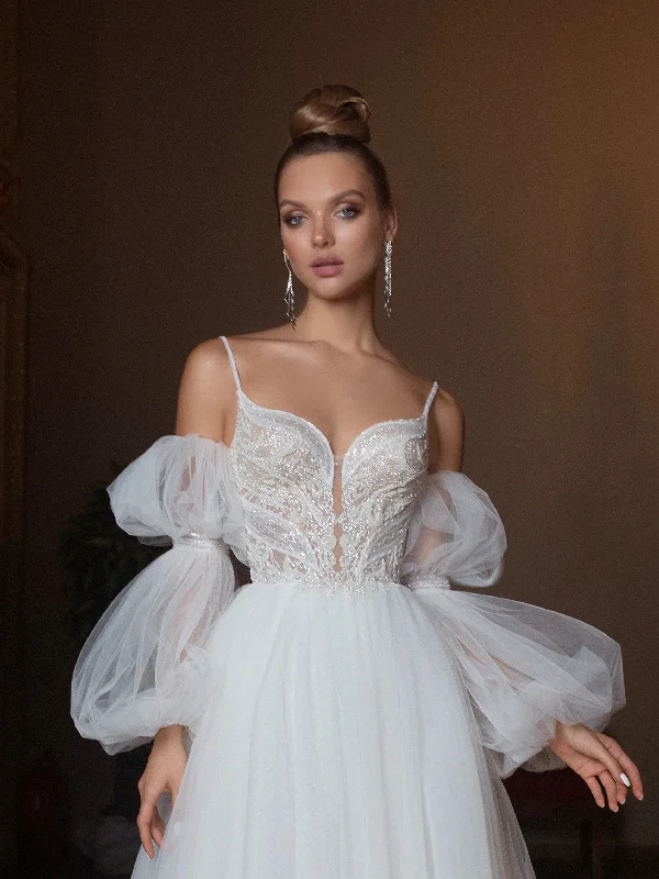 Printed wedding guest dresses with tropical motifs for beach weddingsSpaghetti Strap A-Line Wedding Dress with Removable Sleeves
