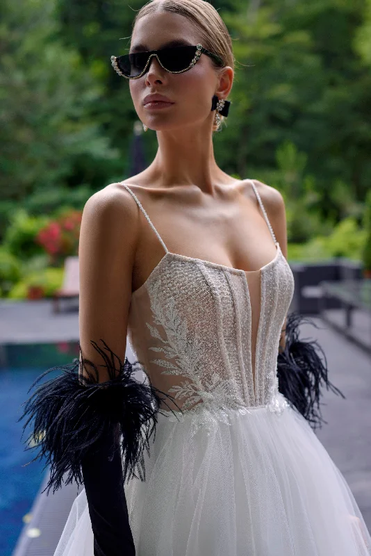 Wedding guest dresses with cold - shoulder ruffled sleeves and knee - length hemsSpaghetti Straps A-Line Wedding Gown