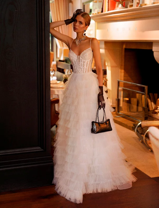 Lace - trimmed wedding guest dresses in blush pinkSpaghetti Straps Ruffled Wedding Gown