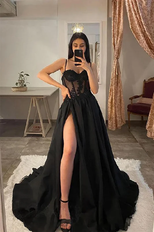 Cocktail party dresses in a classic little black dress style​Spaghetti Straps Thigh Split Lace Appliques Black Prom Dresses PSK359