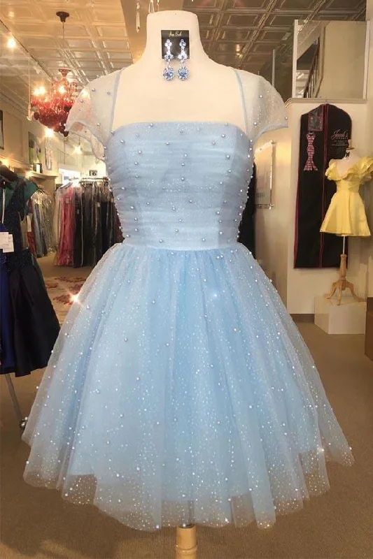 Midi - length party dresses for a modest and fashionable choice​Sparkle Beaded Cap Sleeves Light Sky Blue Homecoming Dress PD314