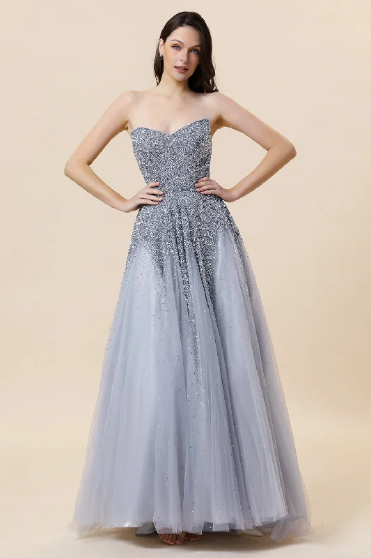 Satin cocktail dresses with a high - low hem for a modern touchSparkly Grey Beaded Tulle Sweetheart Long Prom Dress Satin cocktail dresses with a high - low hem for a modern touchSparkly Grey Beaded Tulle Sweetheart Long Prom Dress