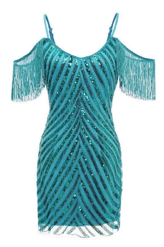 Cocktail dresses with an abstract print and a high - low hemlineSparkly Turquoise Tight Sequins Short Homecoming Dress with Fringes