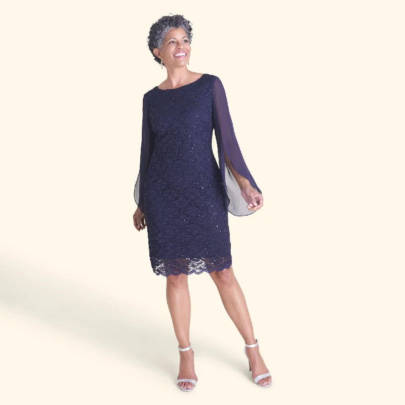 Metallic wedding guest dresses for a glamorous weddingStevie Navy Sequin Lace Dress